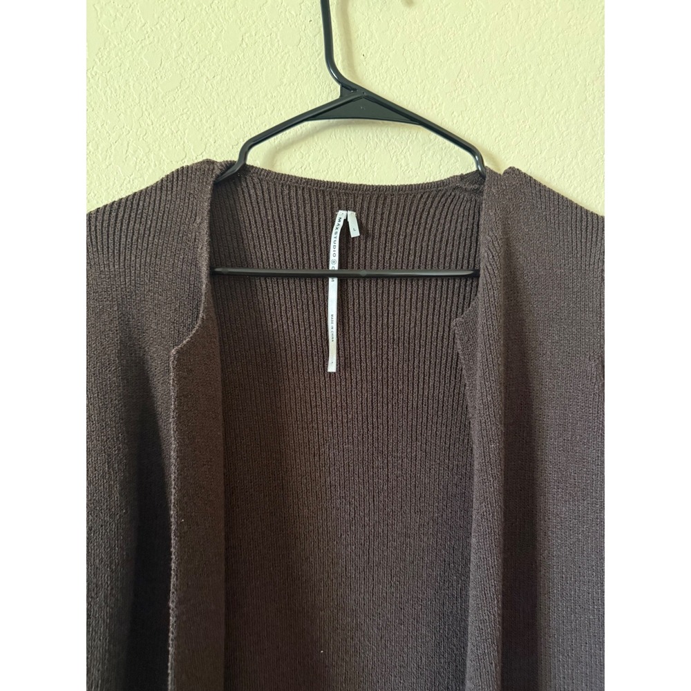 Max Studio Brown Longline Duster Cardigan Open Front Pocket Sweater Womens Large - Picture 2 of 5